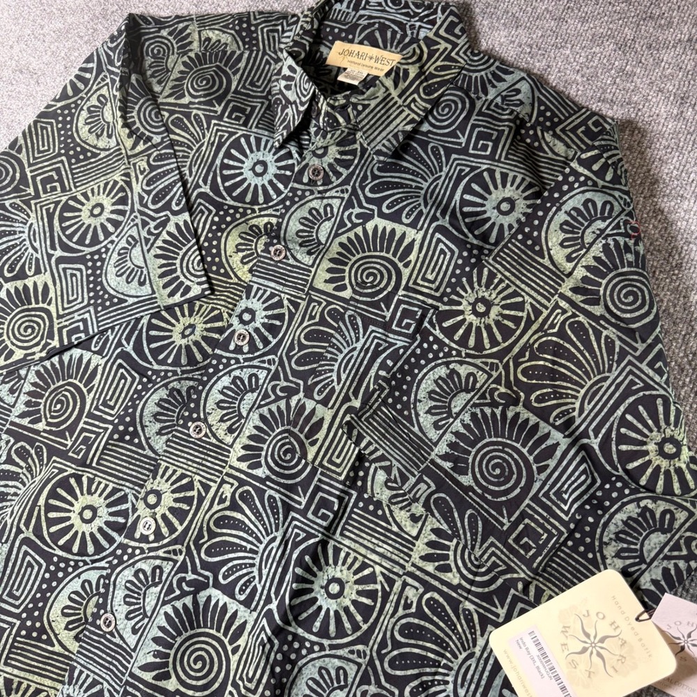 Johari West Men's 3XL Black Batik Print Short‎ Sleeve Button Up Casual Shirt
